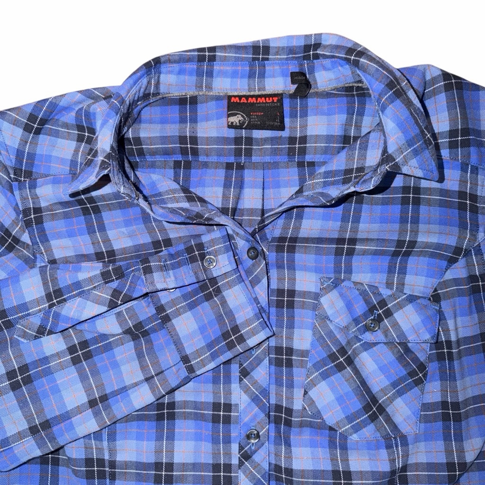 Mammut Blue Plaid Button Down Shirt L Flannel Hiking Outdoor Warm